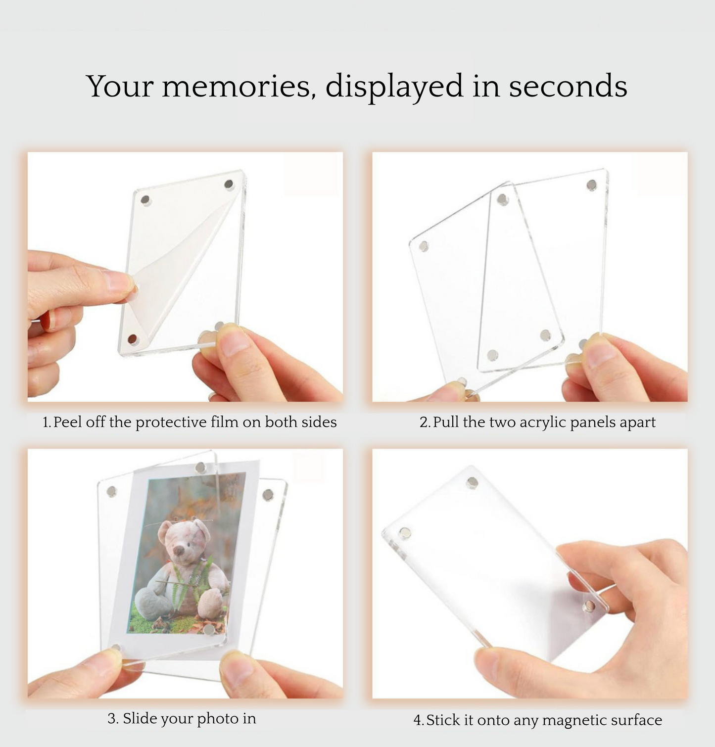 Instructions for using a photo display device with hands demonstrating the process.