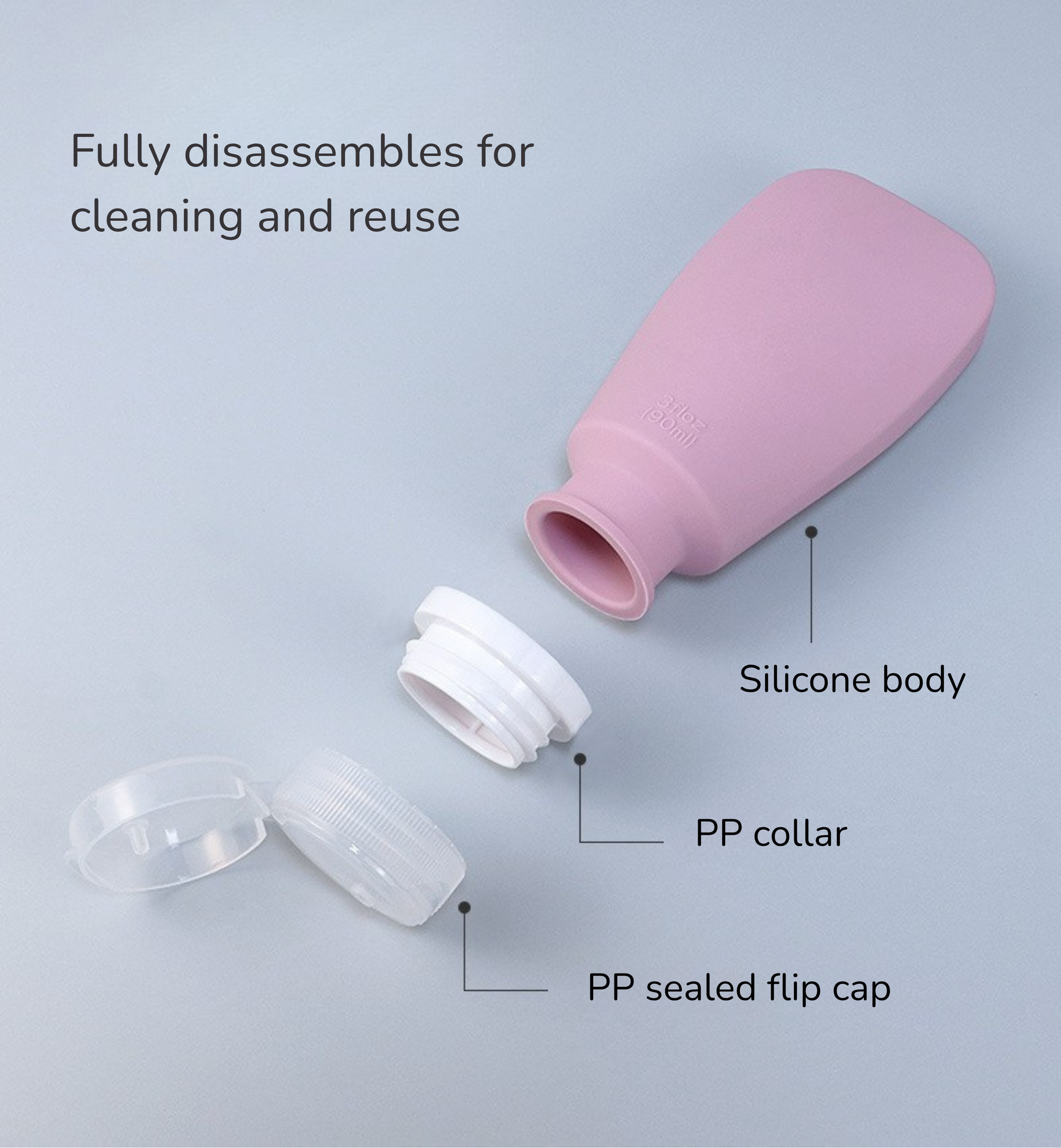Pink silicone cup with labeled parts on a light gray background